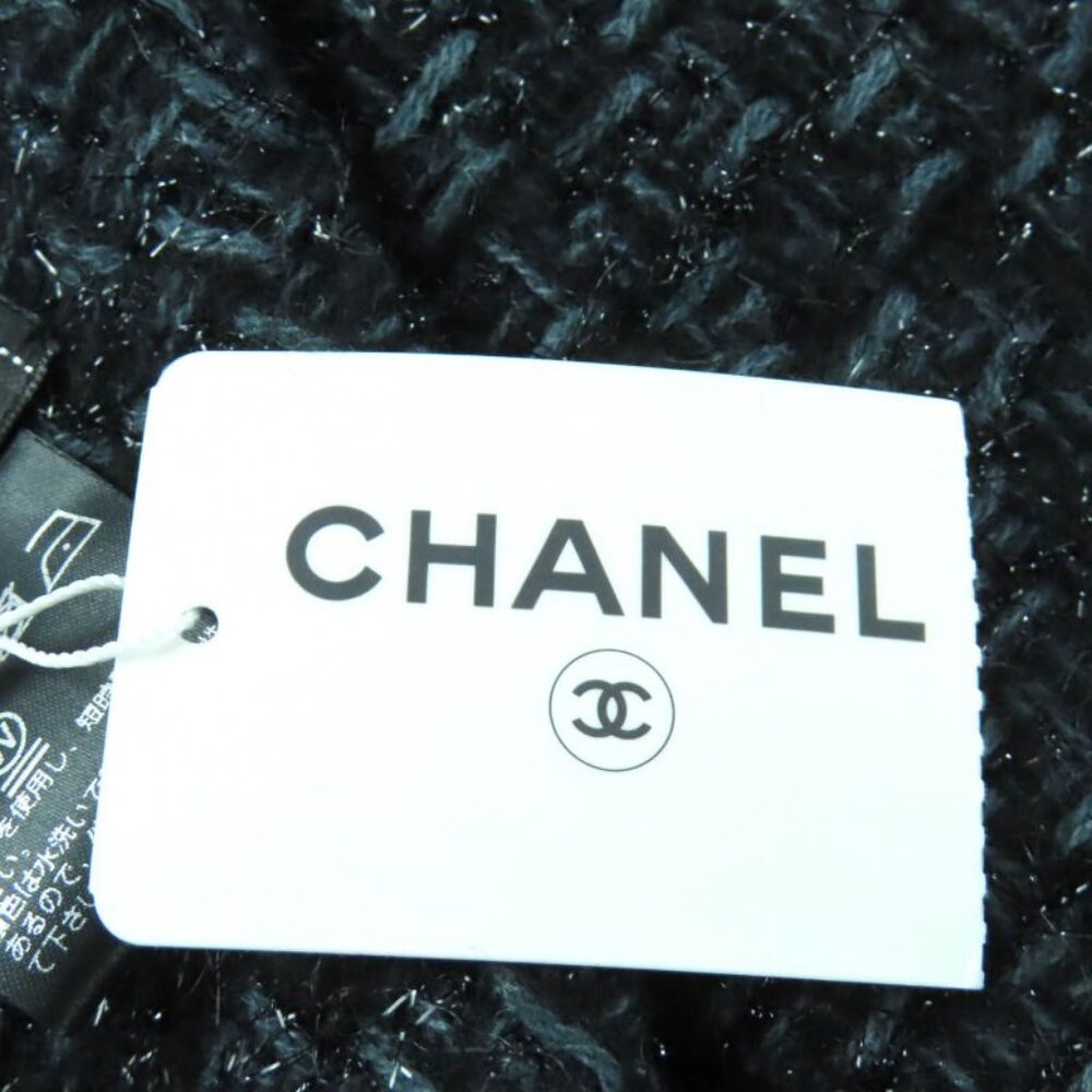 Chanel Cashmere Blend Coco Mark Embroidered Lame With Fringe Large Shawl Black - Picture 12 of 13